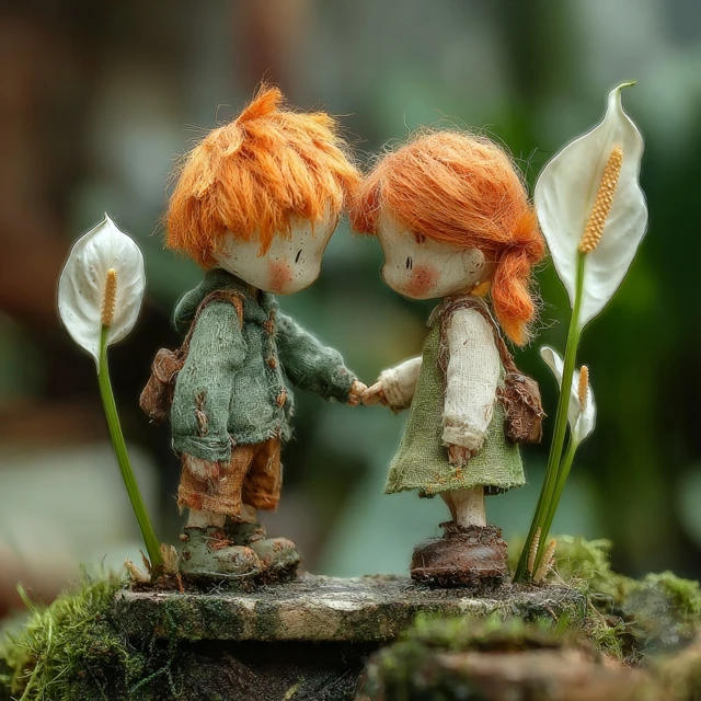 Red Haired Dolls Holding Hands with Peace Lilies