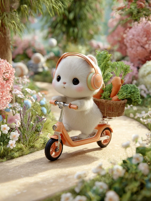 Cute Cat on Scooter With Veggies in a Blooming Garden