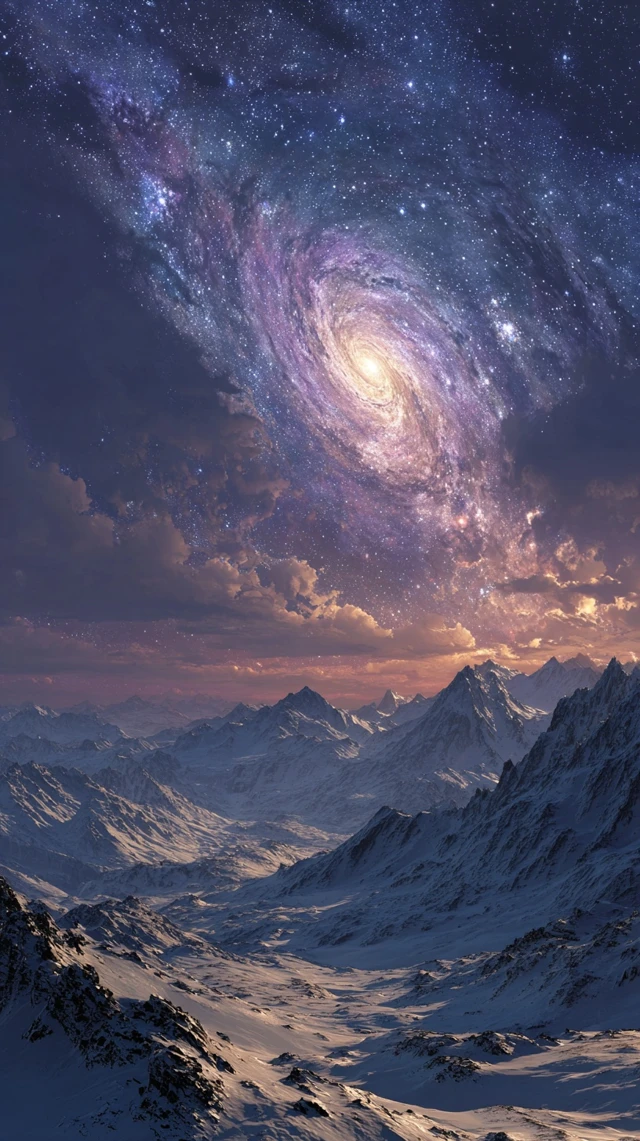Nightscape Galaxy over Snowcapped Mountains