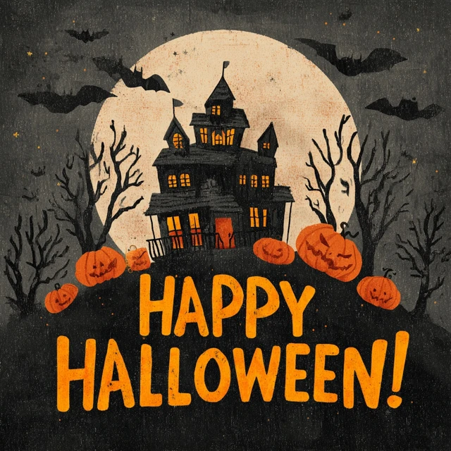Spooky Halloween Haunted House Pumpkins Bats