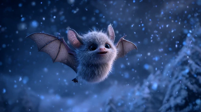 Cute Baby Bat Flying in Snow Pixar Style