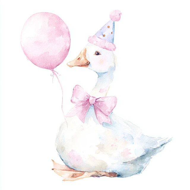 Cute Birthday Goose Watercolor Illustration