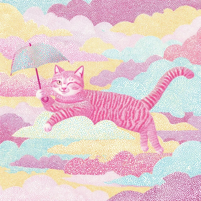 Lazy Cat on Cloud with Umbrella Whimsical Illustration