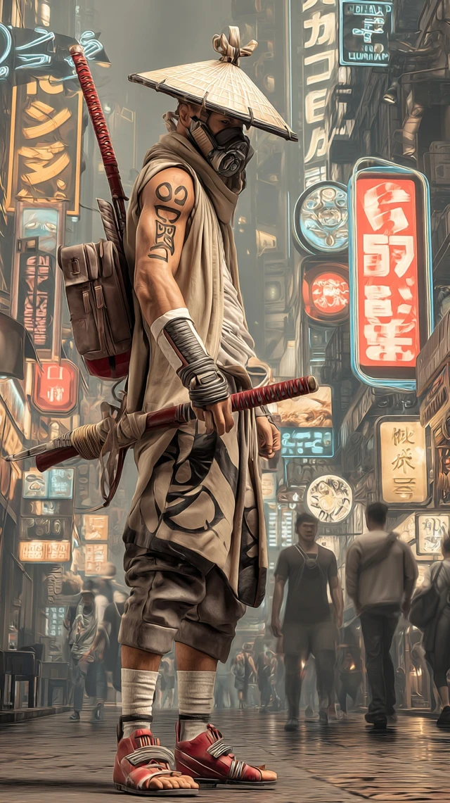 Cyberpunk Samurai in Dystopian City