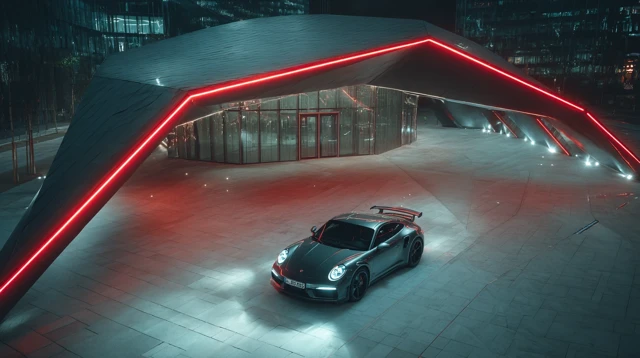 Porsche Carrera GTE Night Scene Futuristic Architecture
