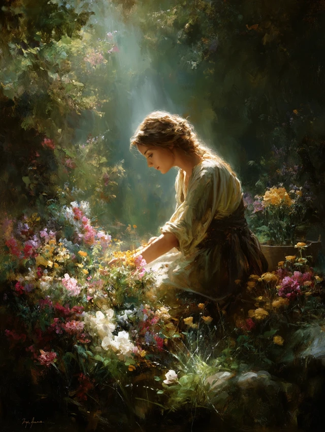 Village Woman in Flower Garden Serene Painting