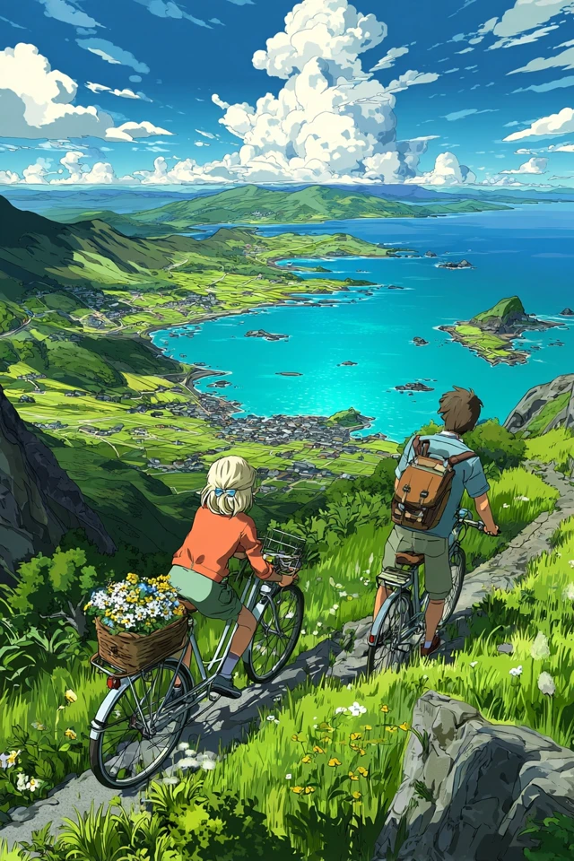 Studio Ghibli Anime Bicycle Ride Coastal Landscape
