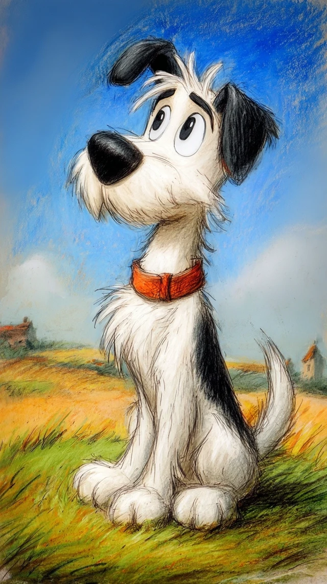 Idefix Cartoon Dog on Grass and Sky