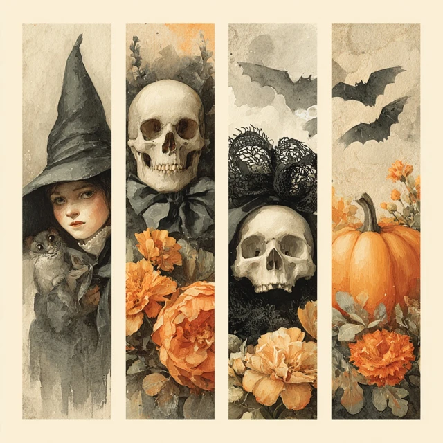 Halloween Watercolor Collage Witch Skull Bats Pumpkin