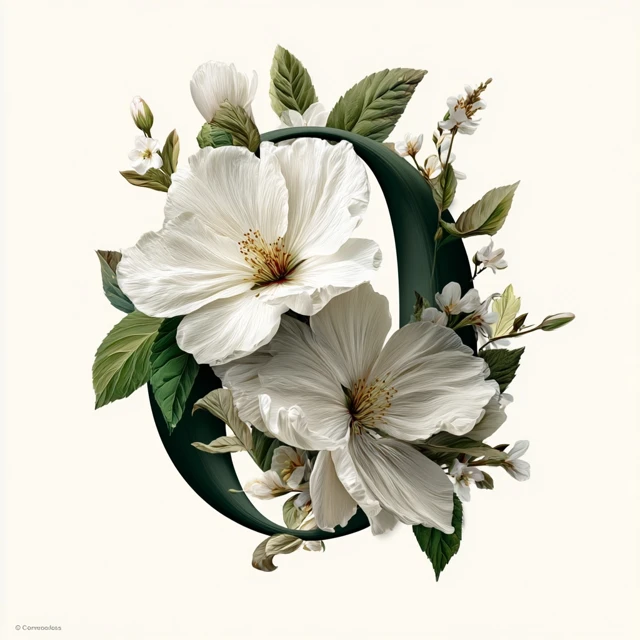 White Flower Illustration with Letter O Elegant Design
