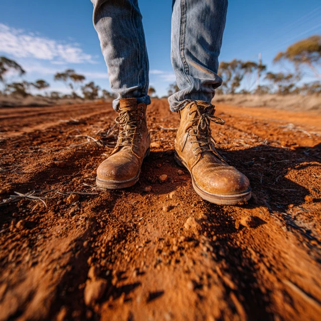 Australian Boots Walking on Red Dirt Road