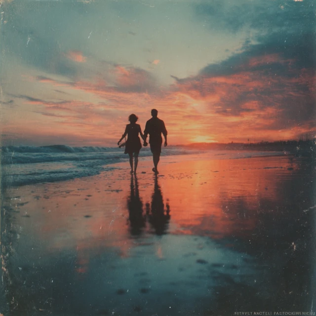 Couple Walking on Beach Vintage Polaroid Sunset