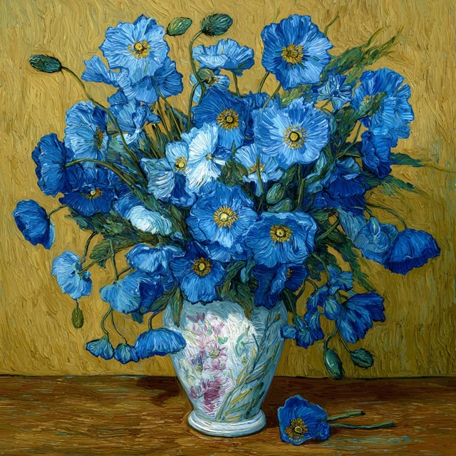 Blue Poppy Flowers in Vase Van Gogh Style Painting