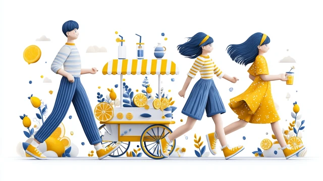 Kids Running to Lemonade Stand Yellow and Blue