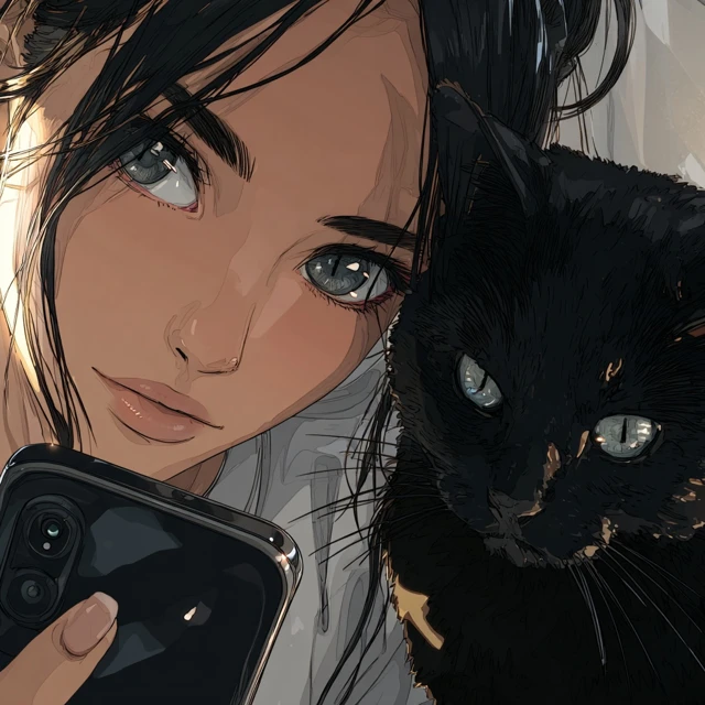 Anime Girl and Black Cat Selfie Illustration