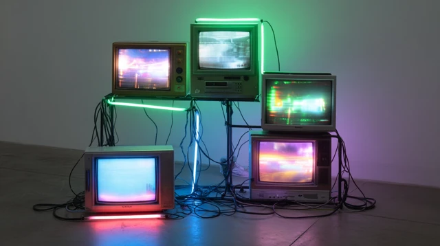 Retro TVs with Neon Lights Installation Art