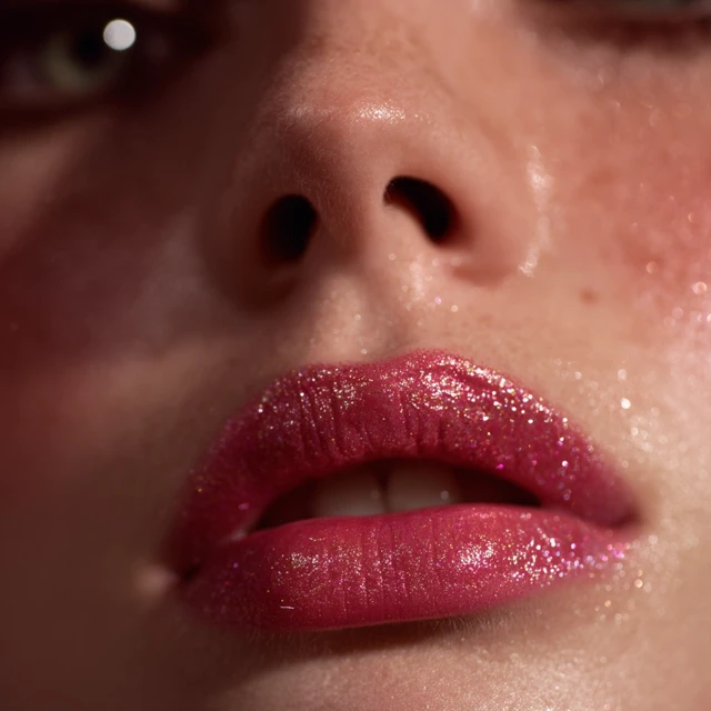 Beautiful Face Model Portrait with Pink Sparkly Makeup