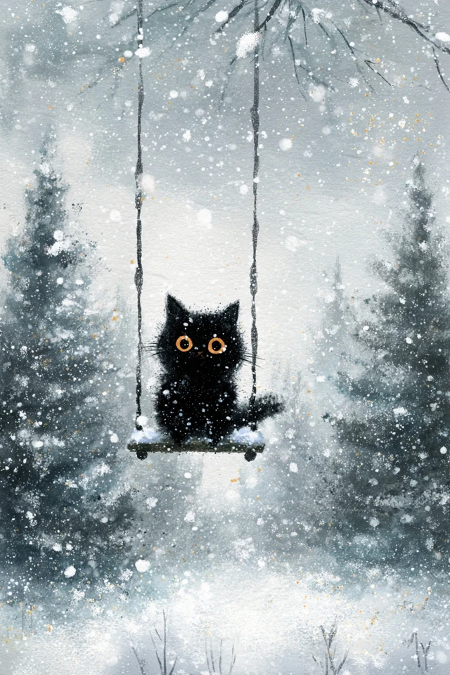 Cute Black Cat on Swing in Winter Wonderland