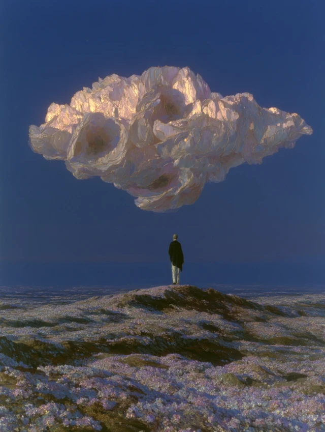 Dreamlike Image of Father and Child on Floating Island