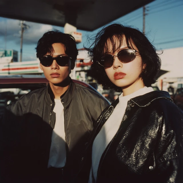 Japanese Couple in 80s Fashion at Gas Station