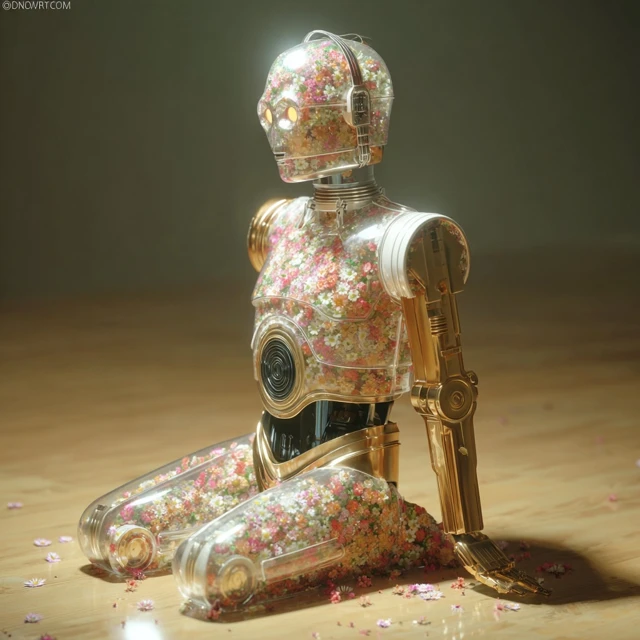 Golden Robot Vinyl Figure with Flowers 3D Render
