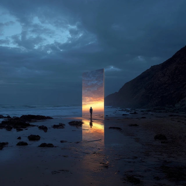 Solitary Reflection on the Beach at Sunset