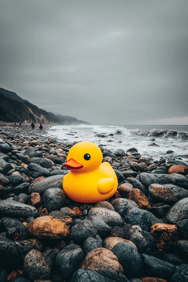 Rubber Duck on Rocky Beach Overcast Day