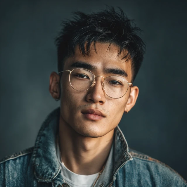 Handsome Asian Man in Glasses Denim Jacket