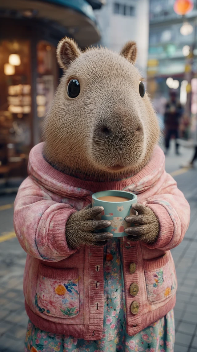 Cute Capybara with Milk Tea in City Street 3D