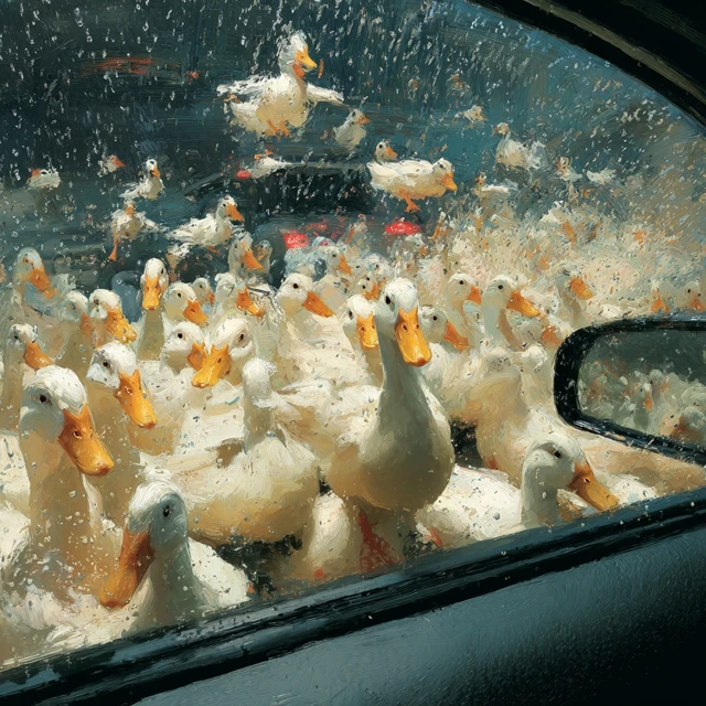 Ducks in a Car A Surreal Overflowing Scene
