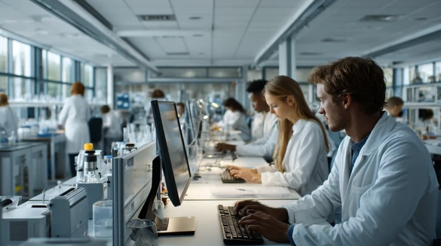 Busy Science Lab: Researchers Working with Computers