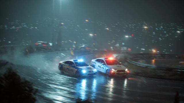 Police Cars Skidding in Future City Night