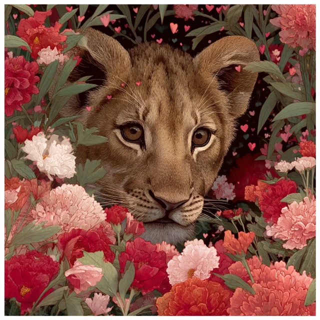 Lion Cub in Flowers and Hearts Illustration