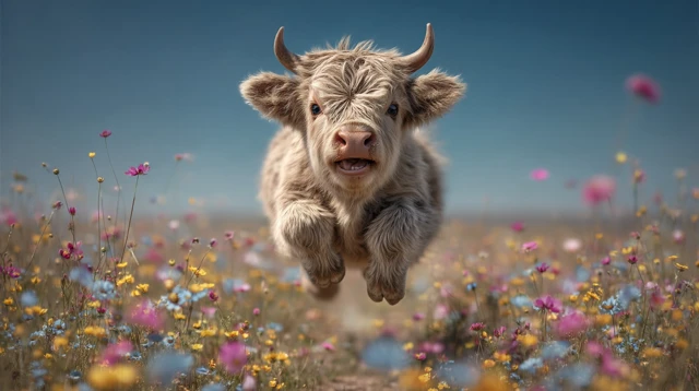 Happy Baby Longhorn Buffalo Jumping in a Meadow
