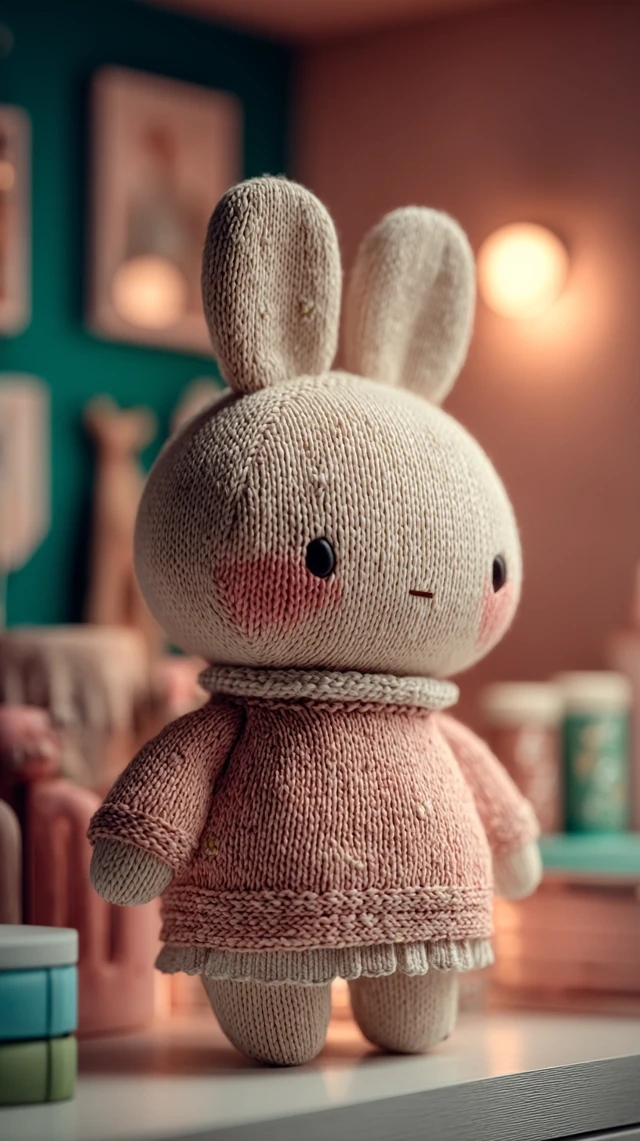 Handmade Knitted Teddy Bear in Cozy Childrens Room