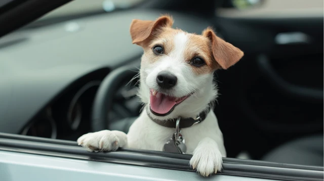 Happy Dog Leaning Out Car Window