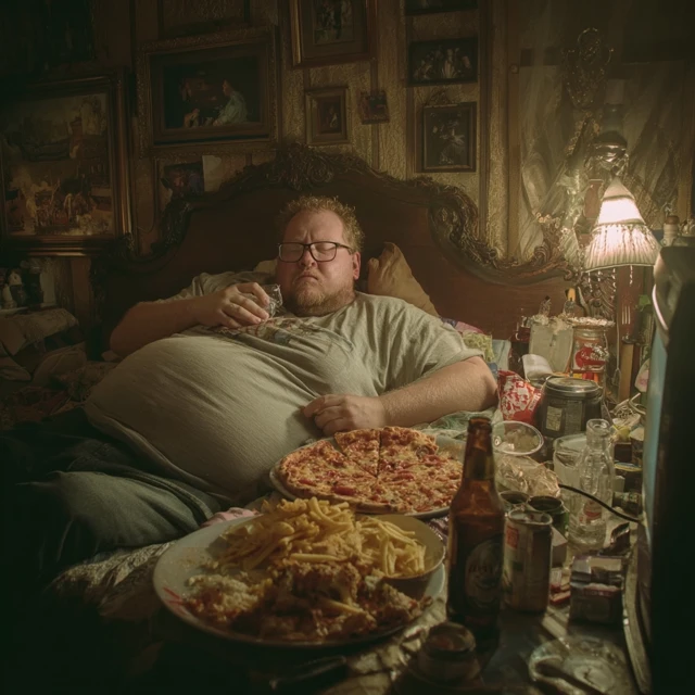 Lazy Man Eating Pizza and Watching TV