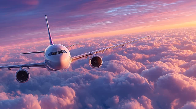Airplane Flying Through Twilight Sky