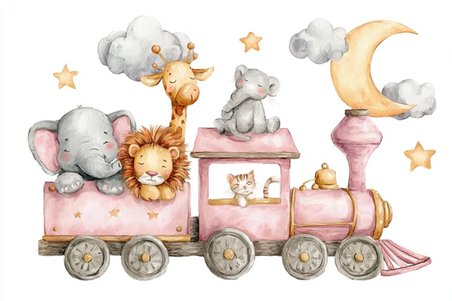 Watercolor Train Animals Giraffe Lion Elephant Kitten