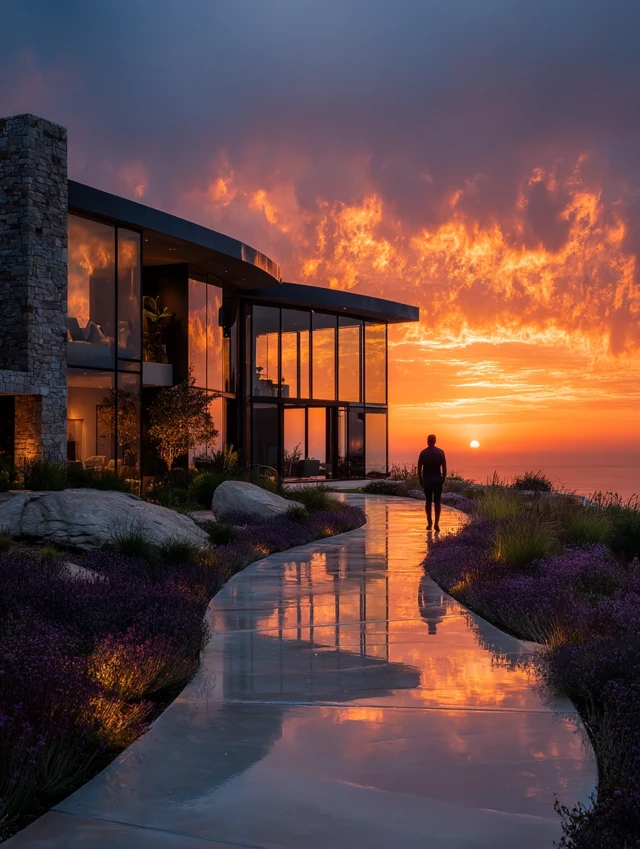 Modern Villa Sunset Reflection Architecture Photo