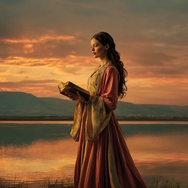 Woman in Bible Times with Light Scroll Sunset