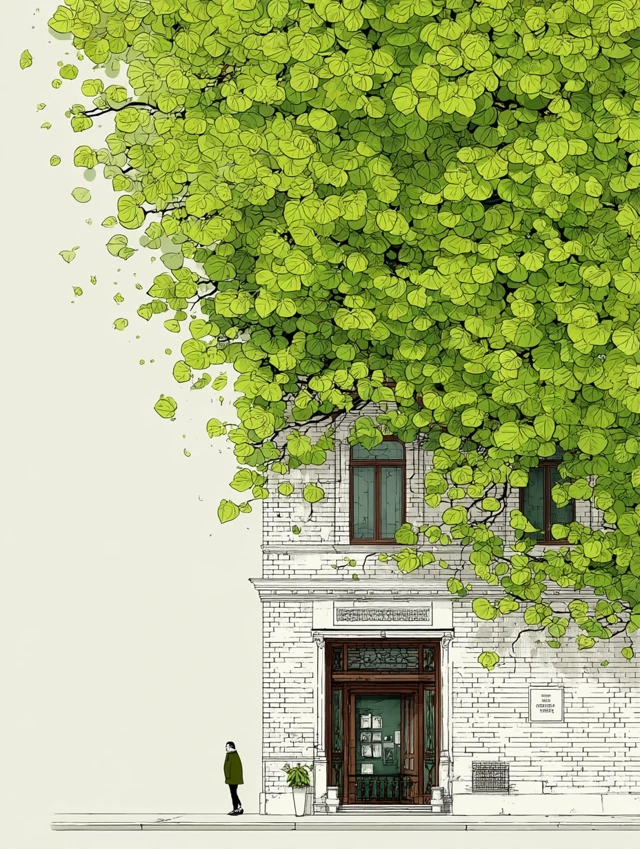 Hand Drawn Cityscape with Green Foliage