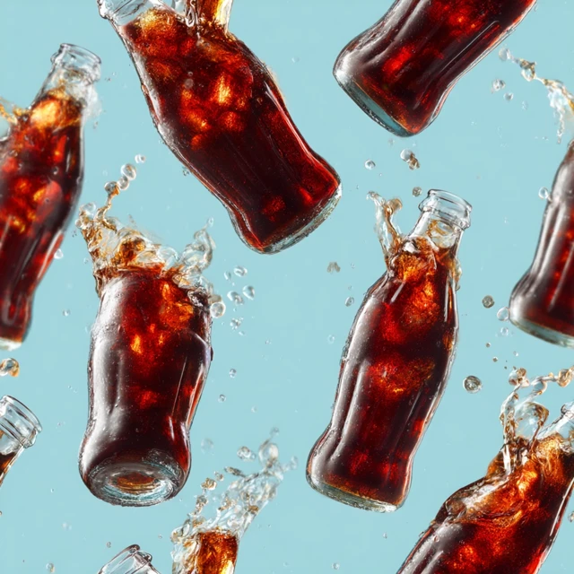 Cola Bottles Splashing Light Blue Background