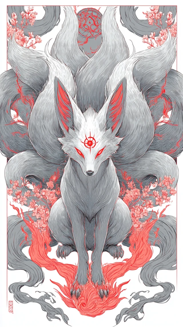 Kitsune Art: Divine Nine-Tailed Fox in Ukiyo-e Anime Style