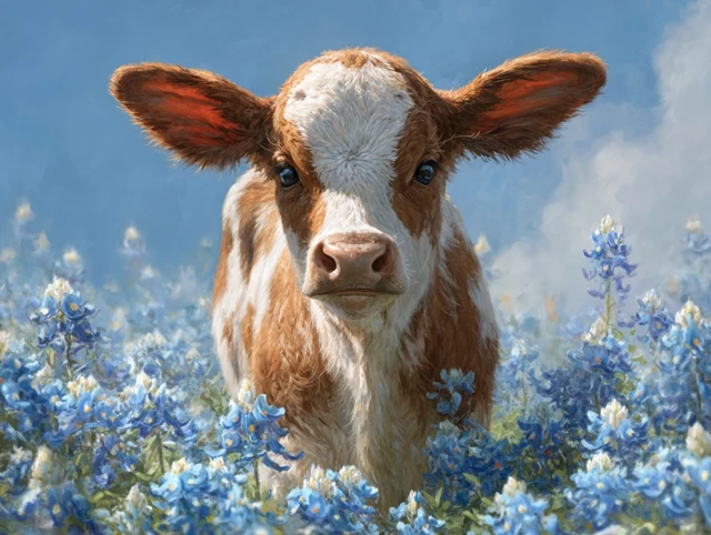 Cute Baby Longhorn in Bluebonnets