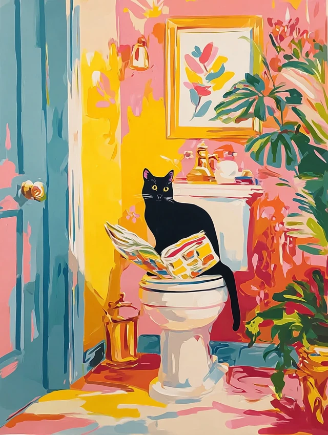 Black Cat Reading Newspaper in Bathroom Art