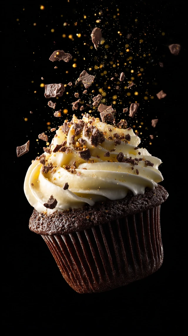 Chocolate Cupcake With Vanilla Frosting Falling