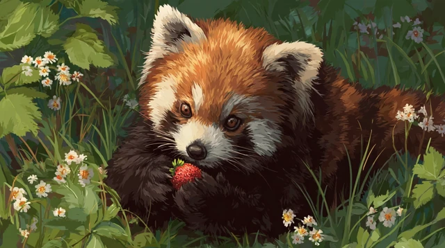Red Panda Eating Strawberries in the Grass