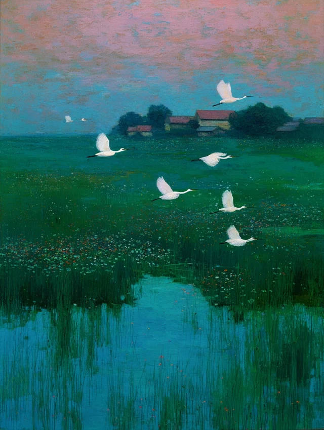 Gustav Klimt Inspired Dusk Birds Over Green Field