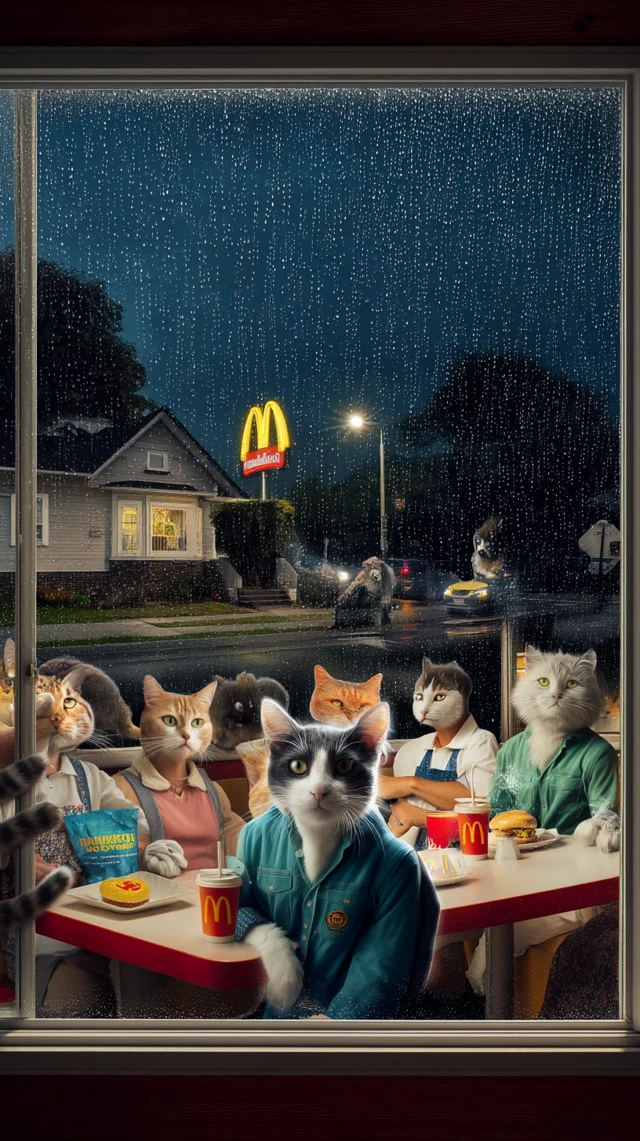 Anthropomorphic Cats at McDonalds Rain Scene